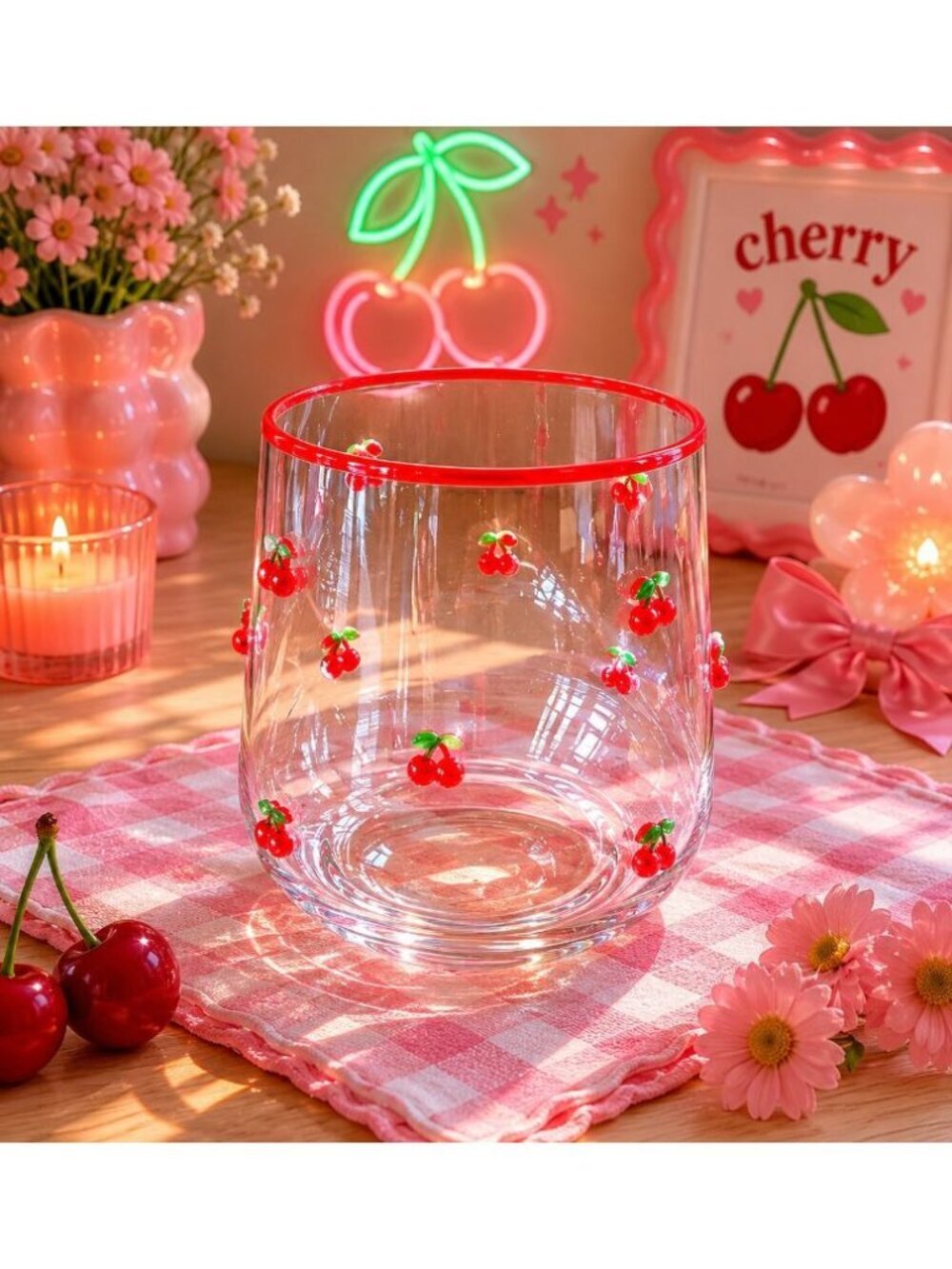 New Mini Minature 3D Cherries Cherry Cocktail Beverage Short Drinking Glass Cup